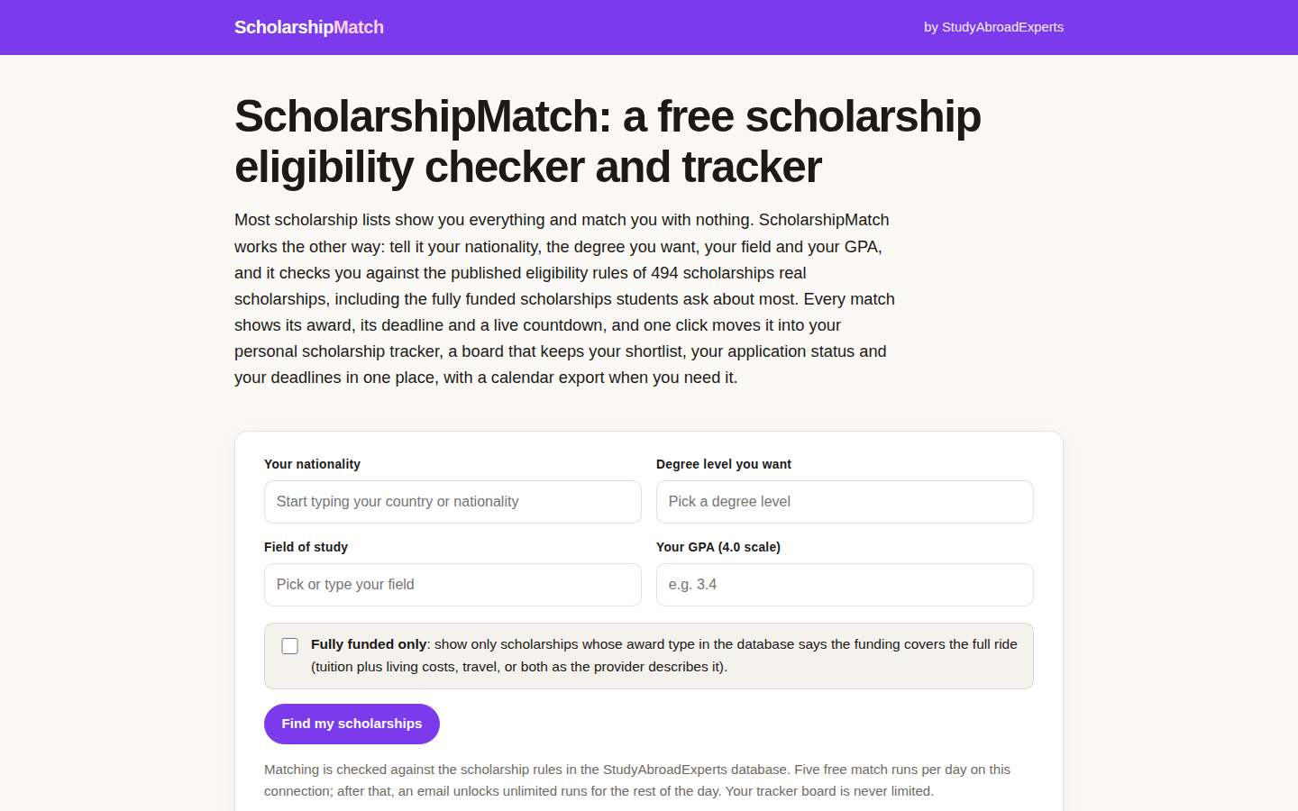 ScholarshipMatch main screen: nationality, degree level, field of study and GPA inputs with a fully funded only filter