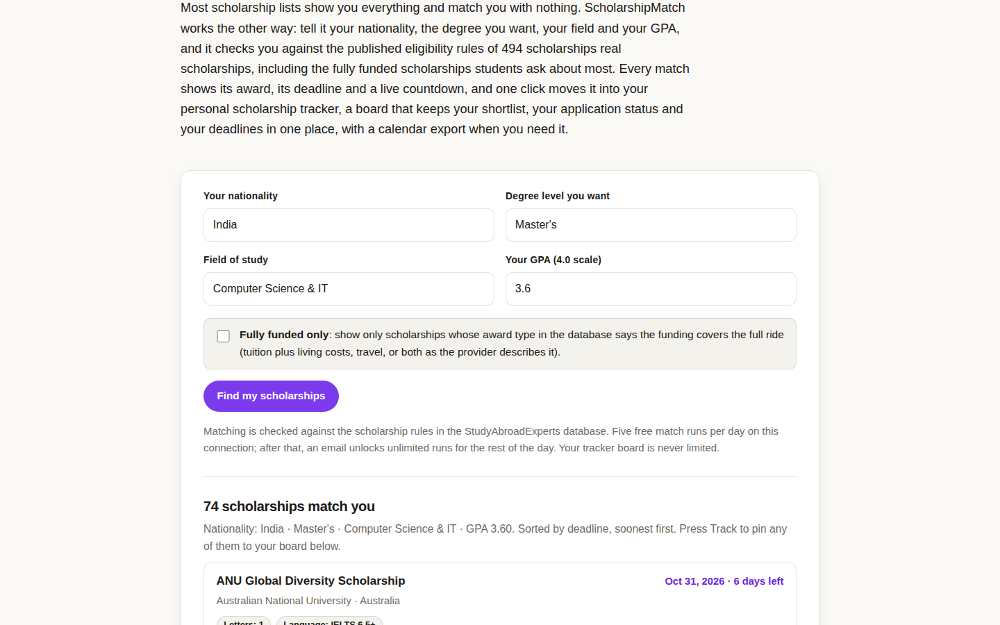 ScholarshipMatch results: 74 scholarships matched for an Indian master's applicant in Computer Science and IT, sorted by deadline